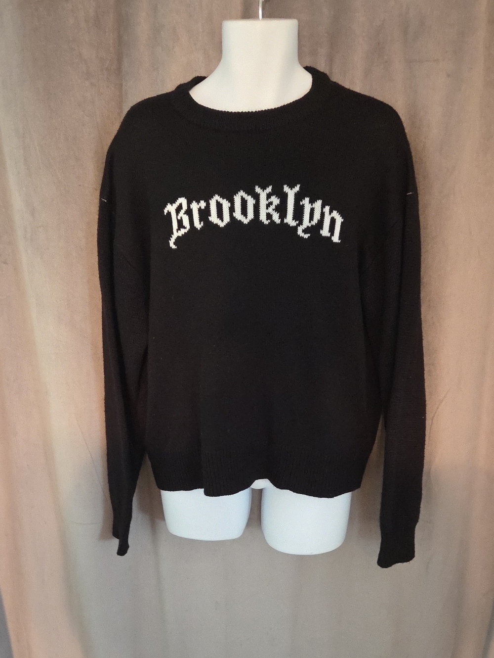 Black Crewneck Sweater with White 'Brooklyn' Script Size Large